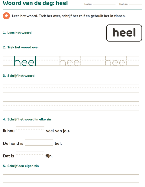 Voorbeeld van het Flitswoorden-werkblad voor kleuterklas