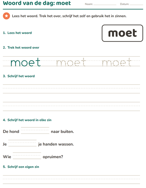 Voorbeeld van het Flitswoorden-werkblad voor kleuterklas
