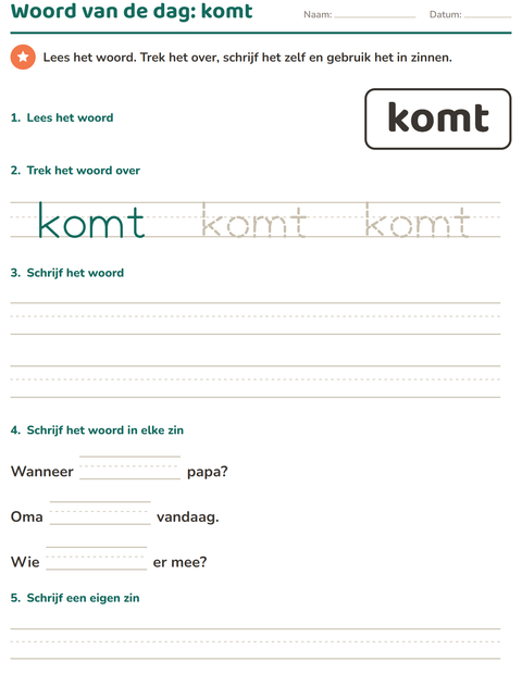 Voorbeeld van het Flitswoorden-werkblad voor kleuterklas