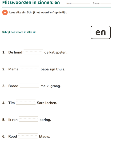 Voorbeeld van het Flitswoorden-werkblad voor kleuterklas