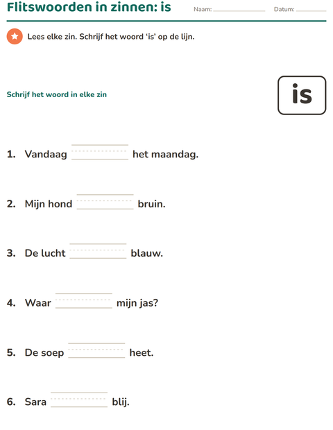Voorbeeld van het Flitswoorden-werkblad voor kleuterklas