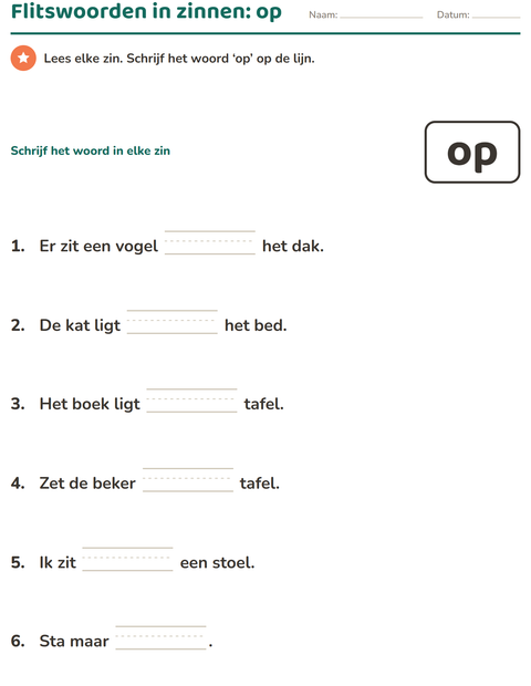 Voorbeeld van het Flitswoorden-werkblad voor kleuterklas