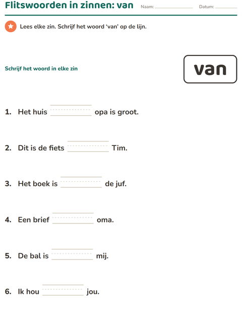 Voorbeeld van het Flitswoorden-werkblad voor kleuterklas