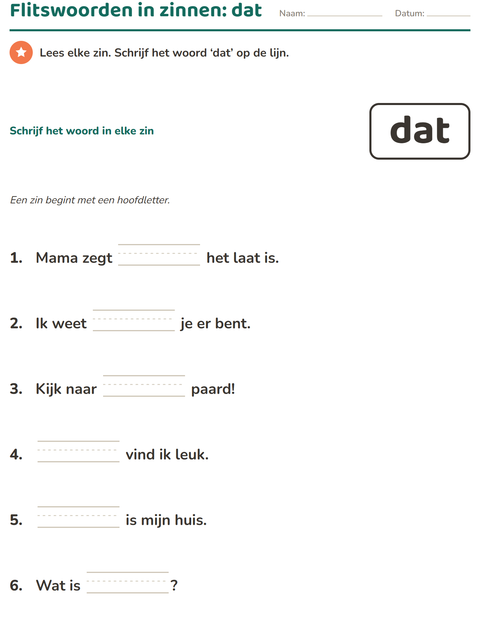 Voorbeeld van het Flitswoorden-werkblad voor kleuterklas