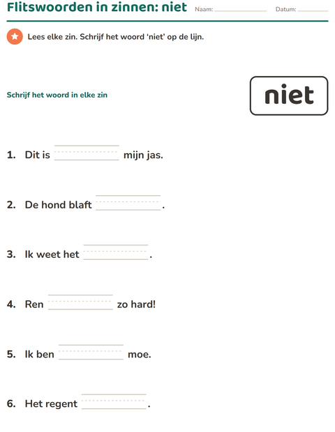 Voorbeeld van het Flitswoorden-werkblad voor kleuterklas