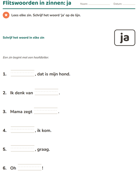 Voorbeeld van het Flitswoorden-werkblad voor kleuterklas