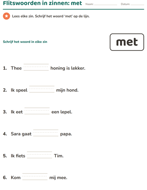 Voorbeeld van het Flitswoorden-werkblad voor kleuterklas