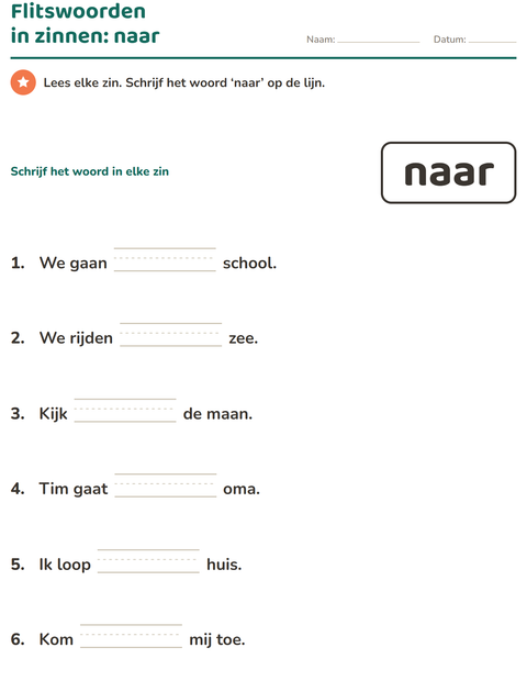 Voorbeeld van het Flitswoorden-werkblad voor kleuterklas