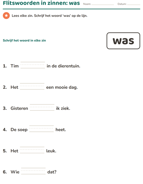 Voorbeeld van het Flitswoorden-werkblad voor kleuterklas