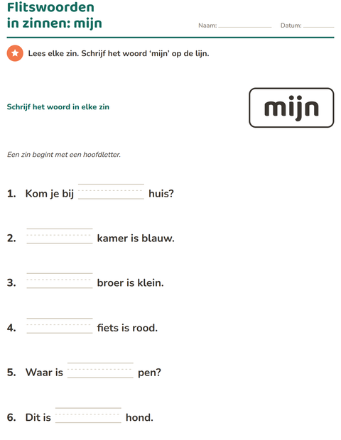 Voorbeeld van het Flitswoorden-werkblad voor kleuterklas