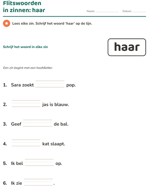 Voorbeeld van het Flitswoorden-werkblad voor kleuterklas