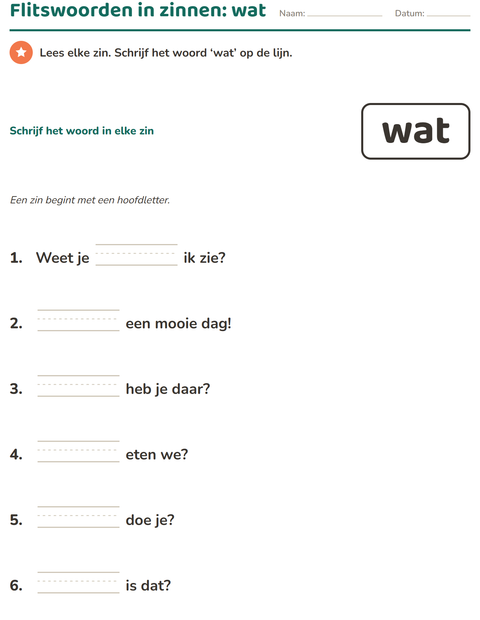 Voorbeeld van het Flitswoorden-werkblad voor kleuterklas