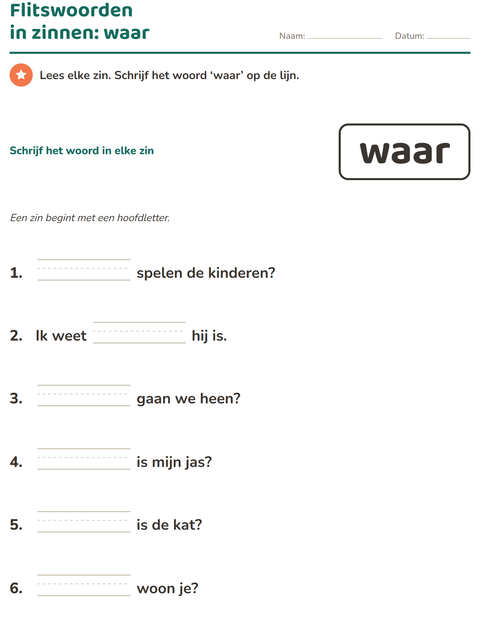 Voorbeeld van het Flitswoorden-werkblad voor kleuterklas