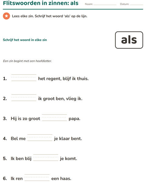 Voorbeeld van het Flitswoorden-werkblad voor kleuterklas