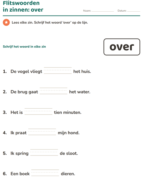Voorbeeld van het Flitswoorden-werkblad voor kleuterklas