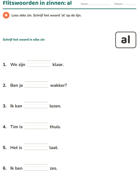 Voorbeeld van het Flitswoorden-werkblad voor kleuterklas