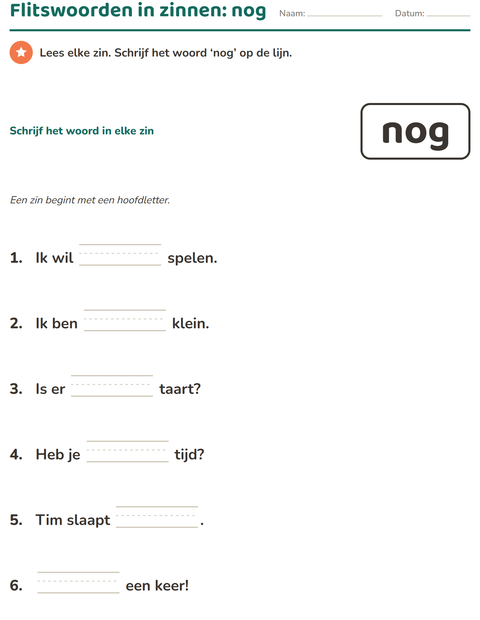 Voorbeeld van het Flitswoorden-werkblad voor kleuterklas