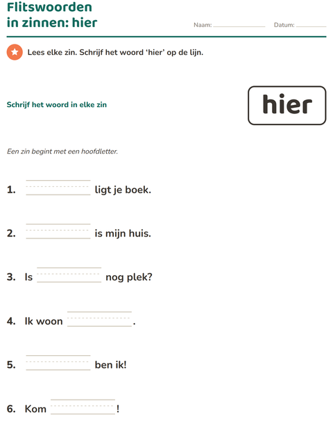 Voorbeeld van het Flitswoorden-werkblad voor kleuterklas
