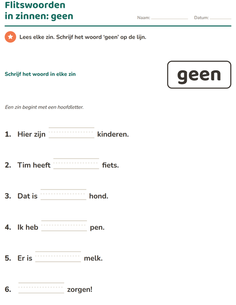 Voorbeeld van het Flitswoorden-werkblad voor kleuterklas