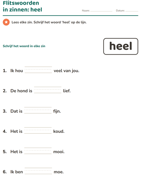 Voorbeeld van het Flitswoorden-werkblad voor kleuterklas