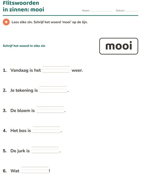 Voorbeeld van het Flitswoorden-werkblad voor kleuterklas