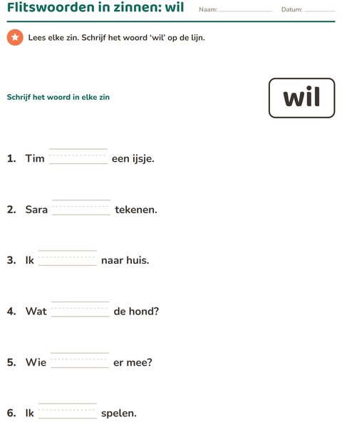 Voorbeeld van het Flitswoorden-werkblad voor kleuterklas