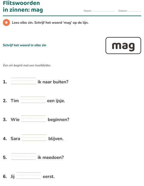 Voorbeeld van het Flitswoorden-werkblad voor kleuterklas