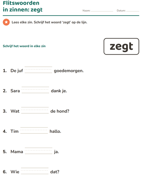 Voorbeeld van het Flitswoorden-werkblad voor kleuterklas