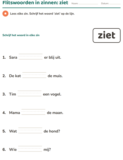 Voorbeeld van het Flitswoorden-werkblad voor kleuterklas