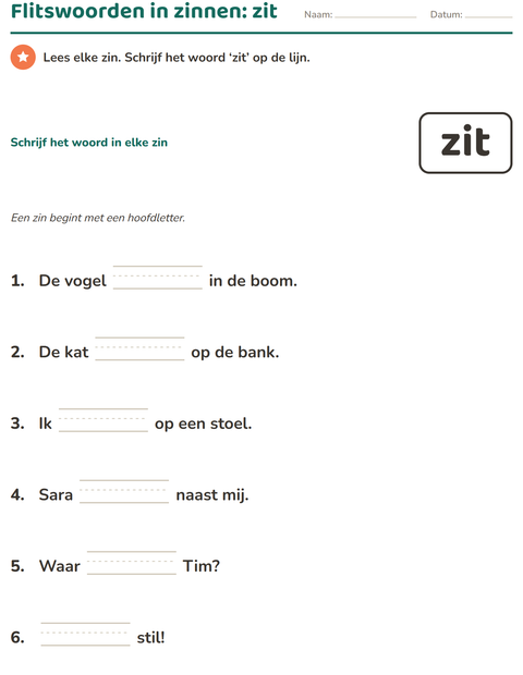 Voorbeeld van het Flitswoorden-werkblad voor kleuterklas