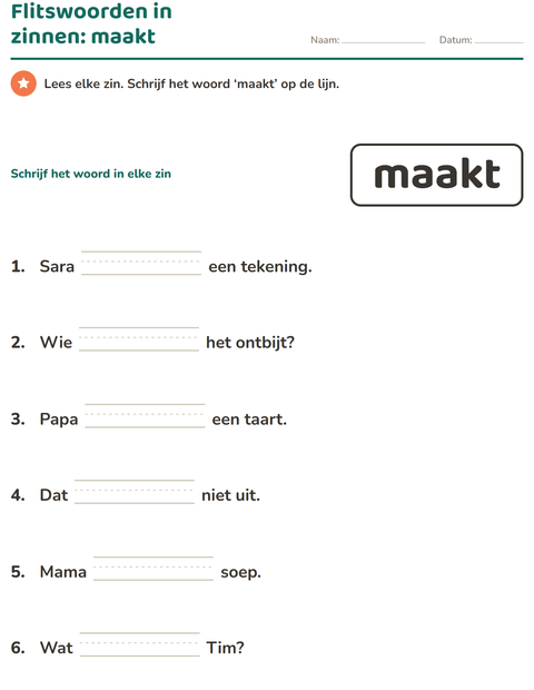 Voorbeeld van het Flitswoorden-werkblad voor kleuterklas