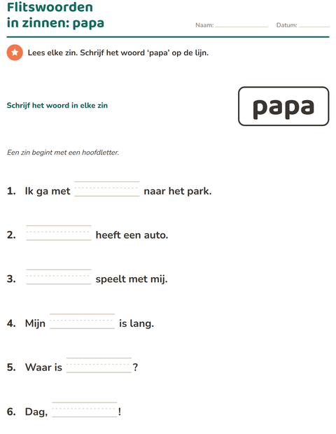 Voorbeeld van het Flitswoorden-werkblad voor kleuterklas
