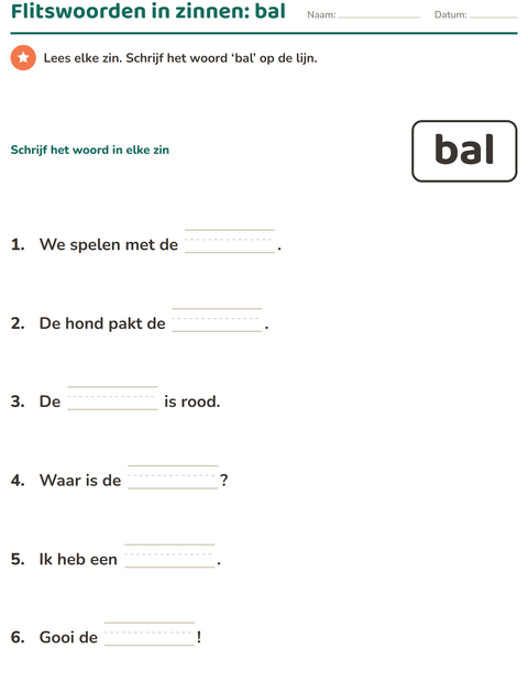 Voorbeeld van het Flitswoorden-werkblad voor kleuterklas