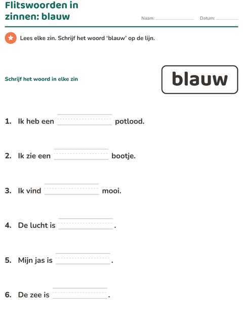 Voorbeeld van het Flitswoorden-werkblad voor kleuterklas