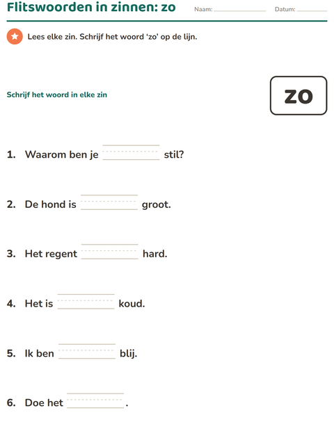 Voorbeeld van het Flitswoorden-werkblad voor kleuterklas