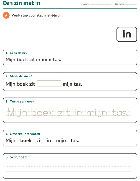 Voorbeeld van het Flitswoorden-werkblad voor kleuterklas