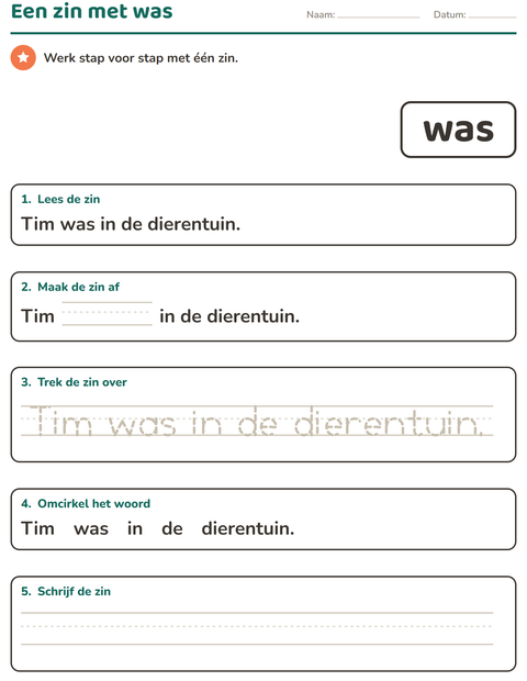 Voorbeeld van het Flitswoorden-werkblad voor kleuterklas