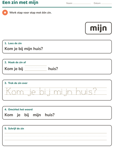Voorbeeld van het Flitswoorden-werkblad voor kleuterklas