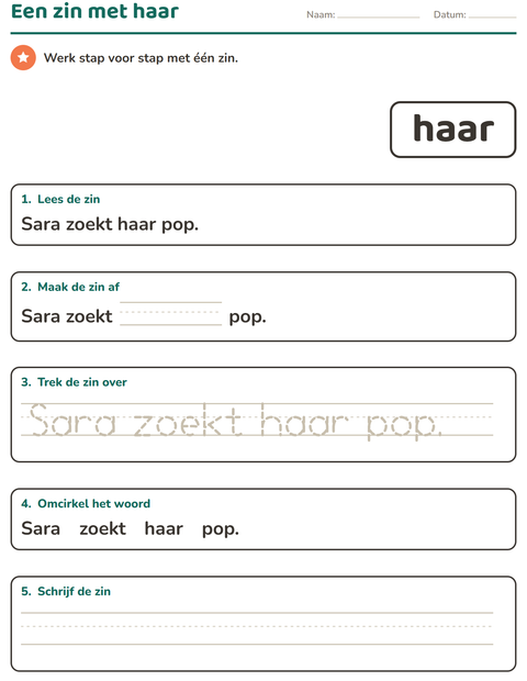 Voorbeeld van het Flitswoorden-werkblad voor kleuterklas