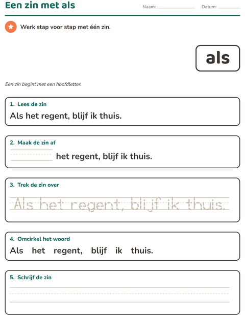 Voorbeeld van het Flitswoorden-werkblad voor kleuterklas