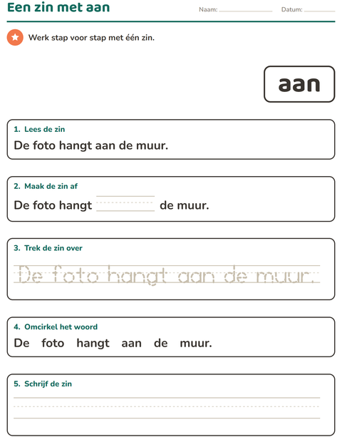 Voorbeeld van het Flitswoorden-werkblad voor kleuterklas
