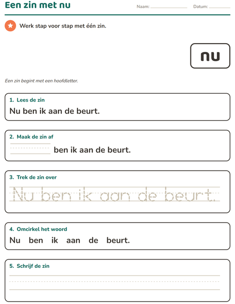 Voorbeeld van het Flitswoorden-werkblad voor kleuterklas