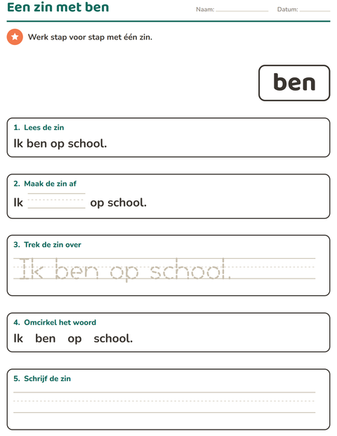 Voorbeeld van het Flitswoorden-werkblad voor kleuterklas