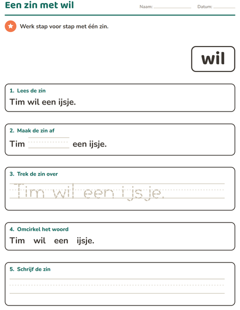 Voorbeeld van het Flitswoorden-werkblad voor kleuterklas