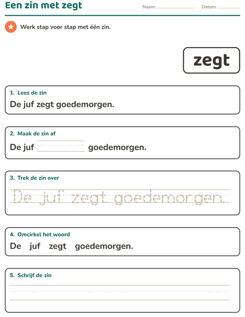 Voorbeeld van het Flitswoorden-werkblad voor kleuterklas