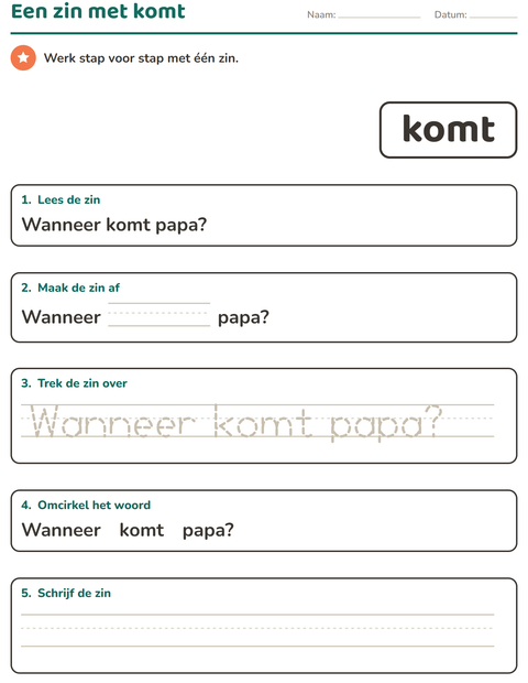 Voorbeeld van het Flitswoorden-werkblad voor kleuterklas