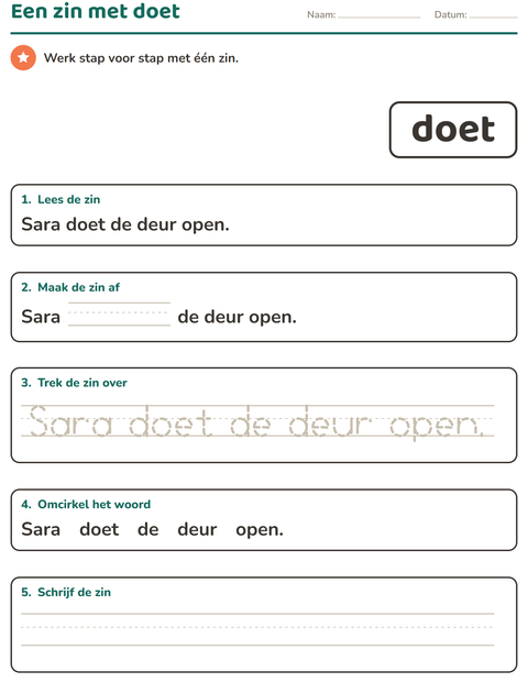 Voorbeeld van het Flitswoorden-werkblad voor kleuterklas