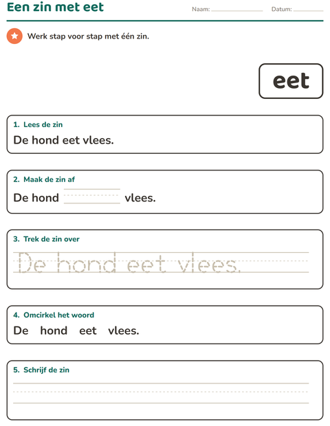 Voorbeeld van het Flitswoorden-werkblad voor kleuterklas