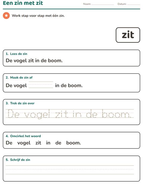 Voorbeeld van het Flitswoorden-werkblad voor kleuterklas