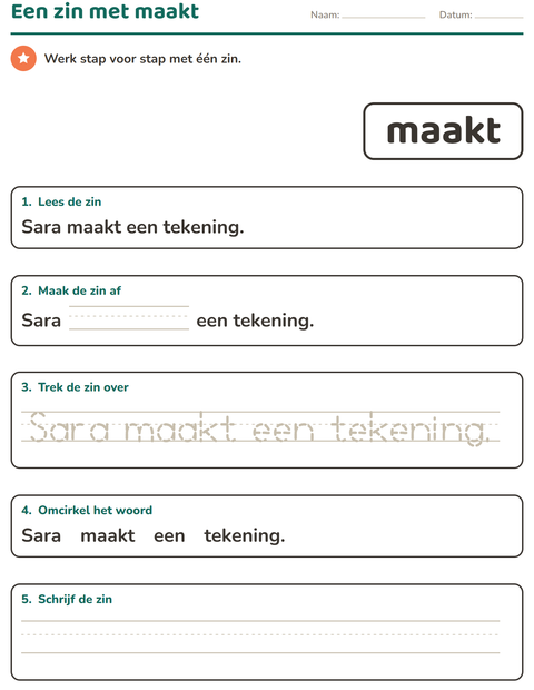 Voorbeeld van het Flitswoorden-werkblad voor kleuterklas